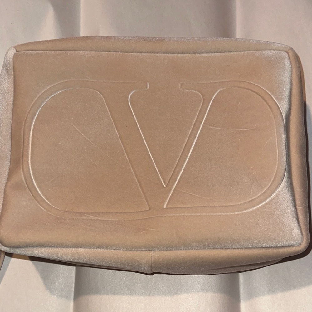 Valentino Taupe Suede-Look Embossed V Cosmetic Pouch